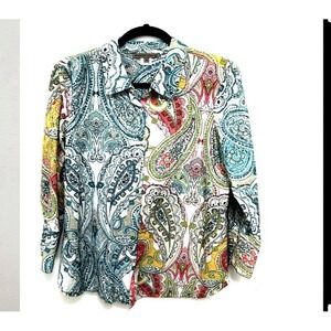 Sharon Young Top Sz M Blue Colorful Artsy Abstract Floral Long Sleeve Button Up